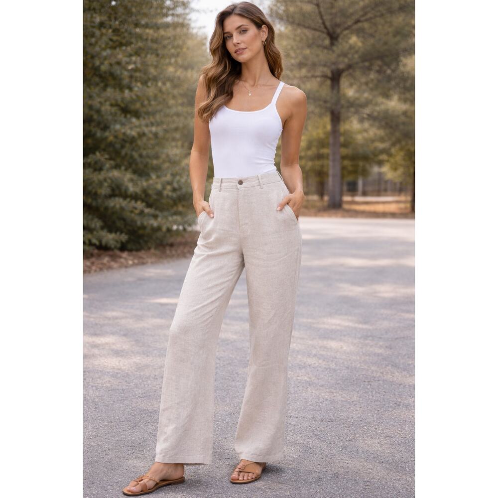 Reformation Linen Pants Beige High Rise Straight Leg Trousers Size 12
